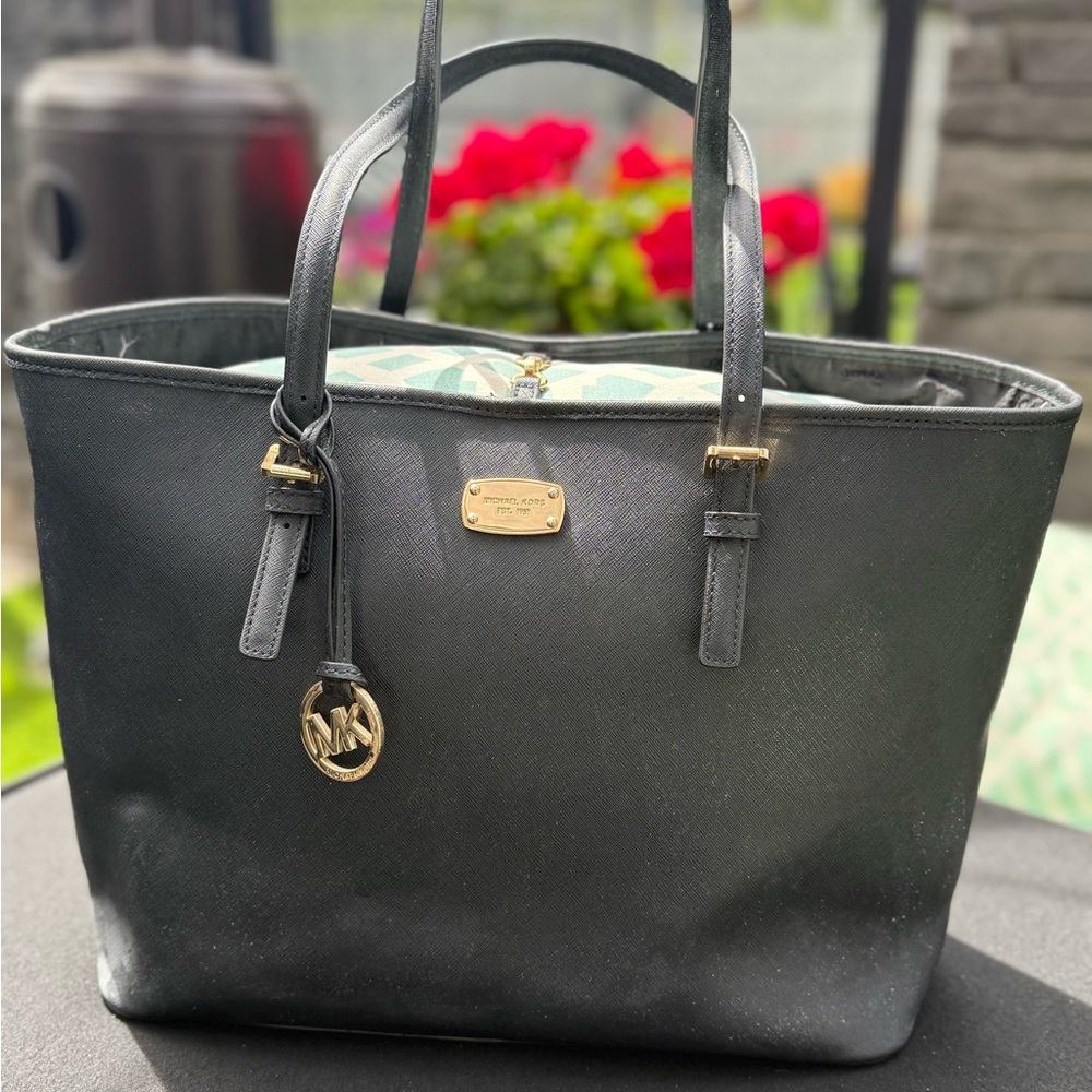 Michael Kors Black Structured Tote with Gold Accents